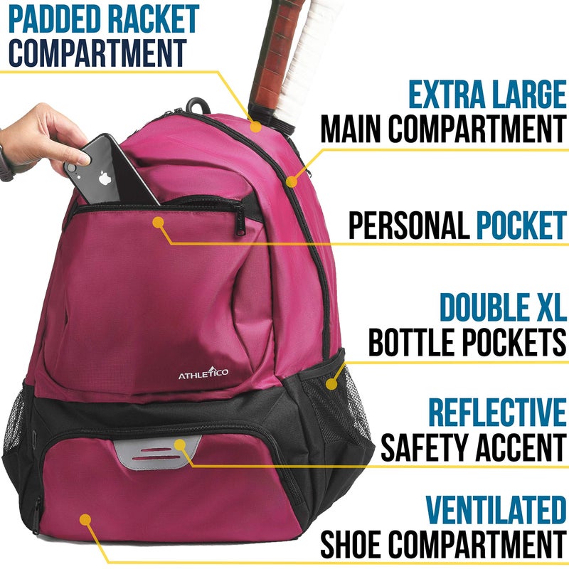 Athletico Premier Tennis Backpack - Tennis Bag Holds 2 Rackets in Padded Compartment | Separate Ventilated Shoe Compartment | Tennis Bags for Men or Women (Pink) - Image 4